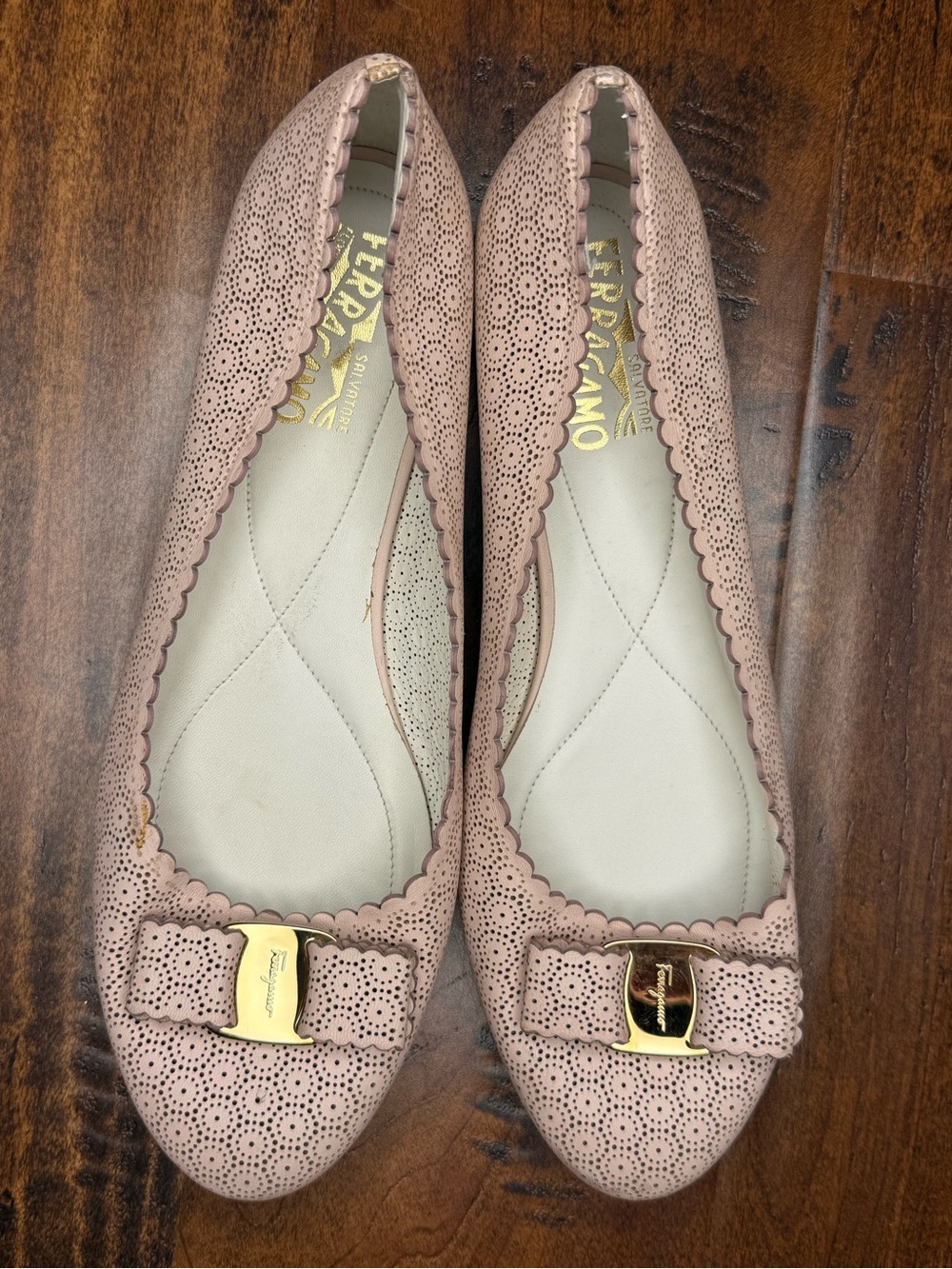 Salvatore Ferragamo Blush Pink Laser-Cut Vara Bow Flats